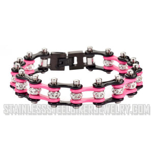 Heavy Metal Jewelry Ladies Motorcycle Bike Chain Stainless Steel Bracelet Black and Pink