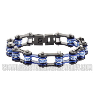Heavy Metal Jewelry Ladies Motorcycle Bike Chain Stainless Steel Bracelet Black & Blue