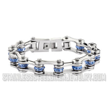 Load image into Gallery viewer, Heavy Metal Jewelry Ladies Motorcycle Bike Chain Stainless Steel Bracelet Silver/Blue Crystals