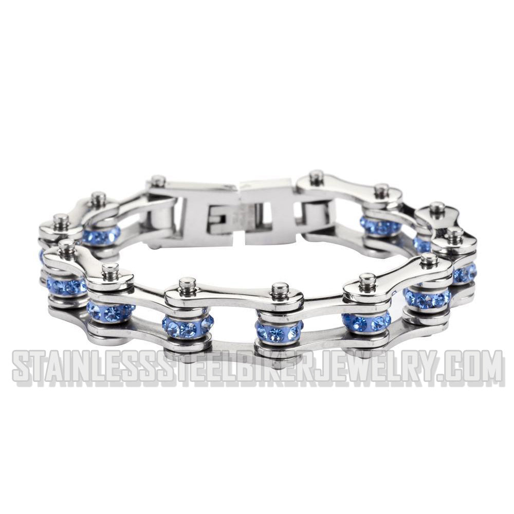 Heavy Metal Jewelry Ladies Motorcycle Bike Chain Stainless Steel Bracelet Silver/Blue Crystals