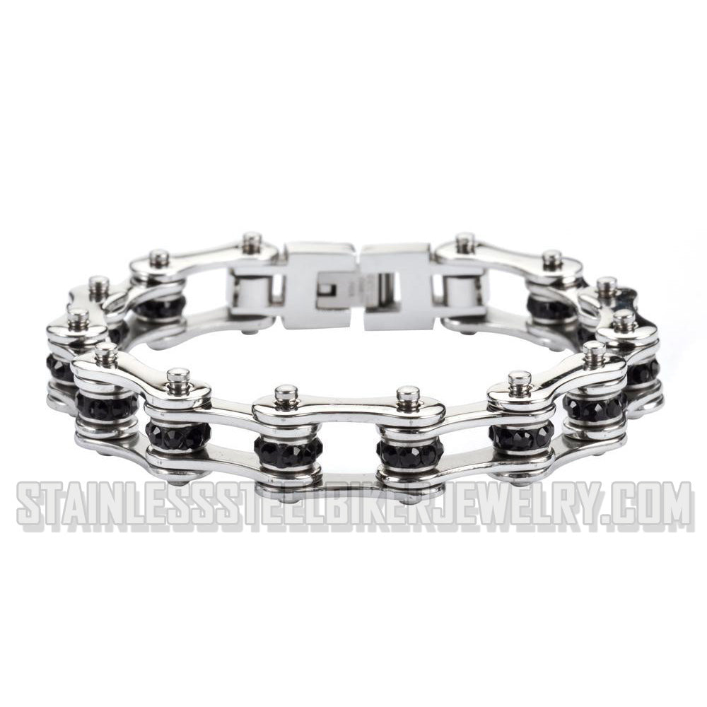 Heavy Metal Jewelry Ladies Bike Chain Stainless Steel Bracelet Silver/Black Crystals