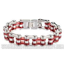 Load image into Gallery viewer, Heavy Metal Jewelry Men&#39;s Motorcycle Bike Chain Bracelet Stainless Steel Silver/Red Double Link