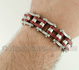 Heavy Metal Jewelry Men's Motorcycle Bike Chain Bracelet Stainless Steel Silver/Red Double Link