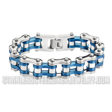 Load image into Gallery viewer, Heavy Metal Jewelry Men&#39;s Motorcycle Bike Chain Bracelet Stainless Steel Silver with Vintage Blue Double Link