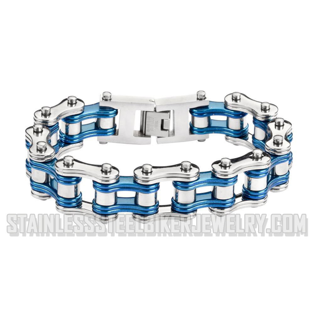 Heavy Metal Jewelry Men's Motorcycle Bike Chain Bracelet Stainless Steel Silver with Vintage Blue Double Link