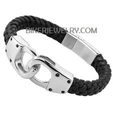 Heavy Metal Jewelry Men's Leather Handcuff Bracelet Stainless Steel