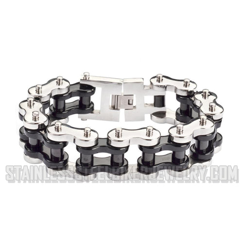 Heavy Metal Jewelry Men's Motorcycle Bike Chain Bracelet Silver & Black Stainless Steel