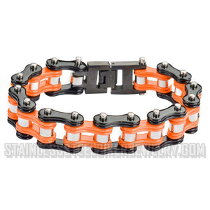 Heavy Metal Jewelry Men's Motorcycle Biker Bracelet Stainless Steel Black & Orange