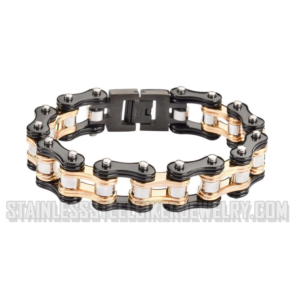 Heavy Metal Jewelry Men's Motorcycle Bike Chain Biker Bracelet Stainless Steel Black & Gold