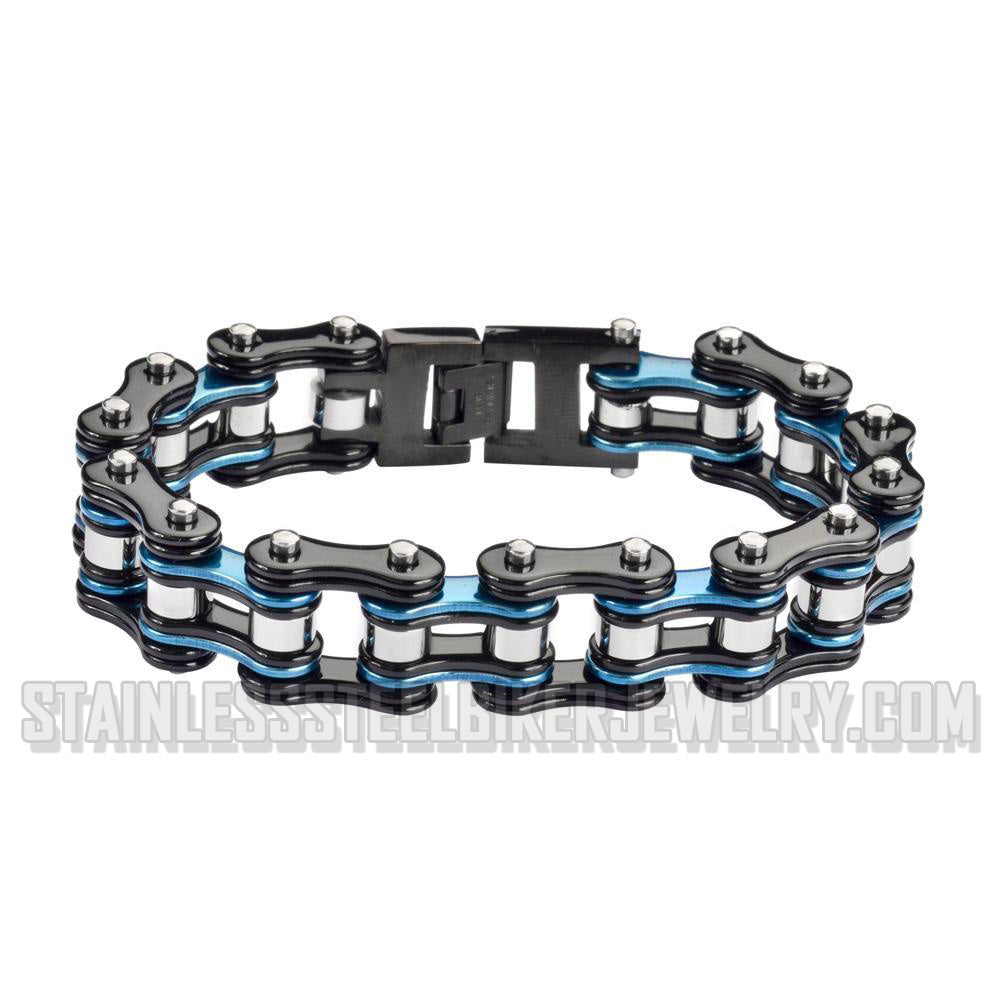 Heavy Metal Jewelry Men's Motorcycle Bike Chain Biker Bracelet Stainless Steel Black & Blue Double Link