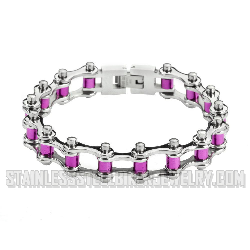 Heavy Metal Jewelry Ladies Motorcycle Bike Chain Stainless Steel Bracelet Purple on Silver