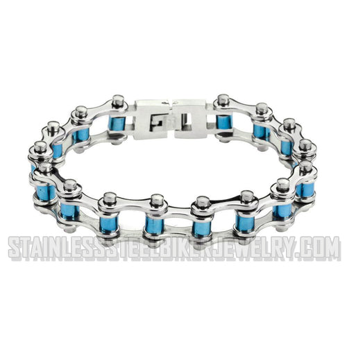 Heavy Metal Jewelry Ladies Motorcycle Bike Chain Stainless Steel Bracelet Blue Rollers
