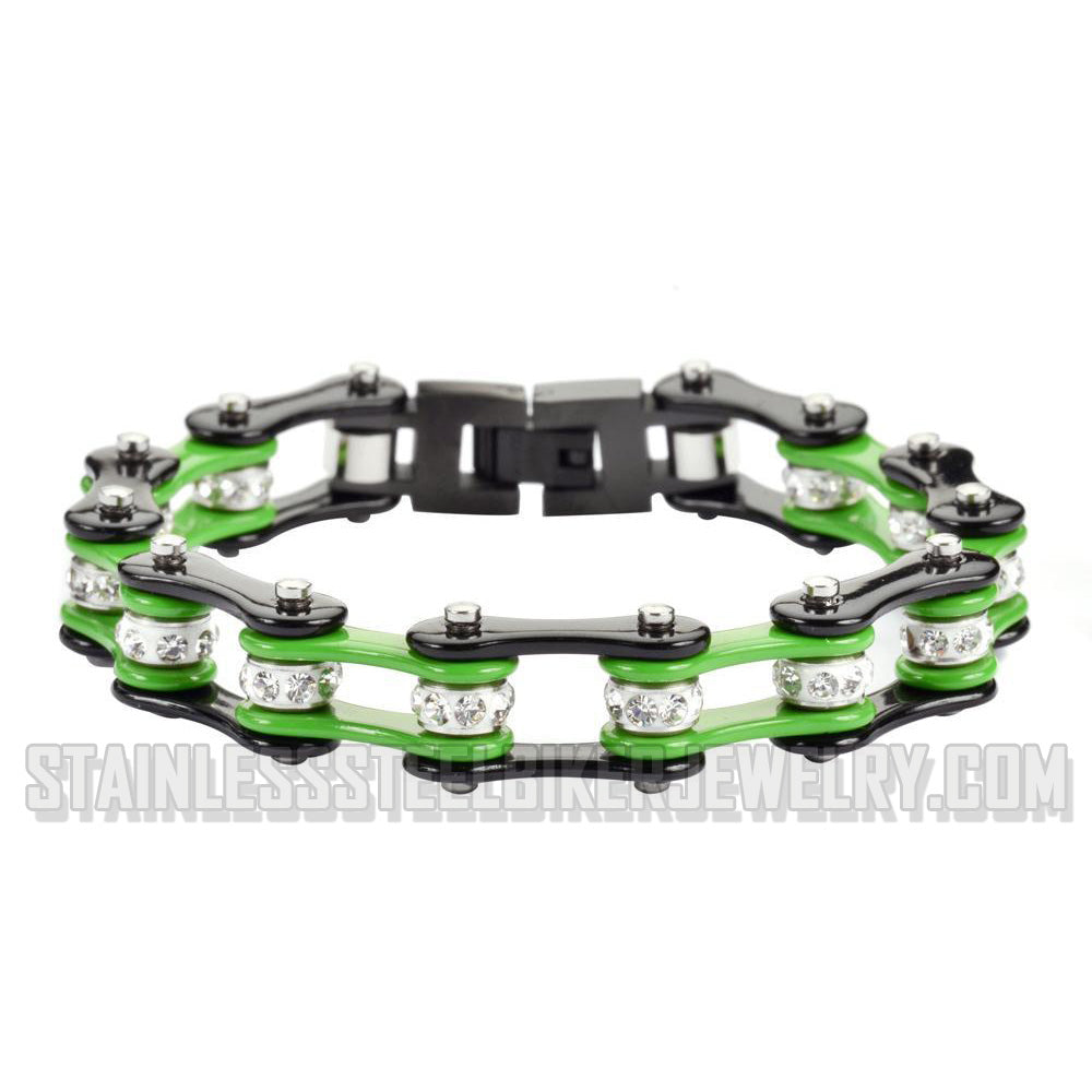Heavy Metal Jewelry Ladies Motorcycle Bike Chain Stainless Steel Bracelet Black/Green