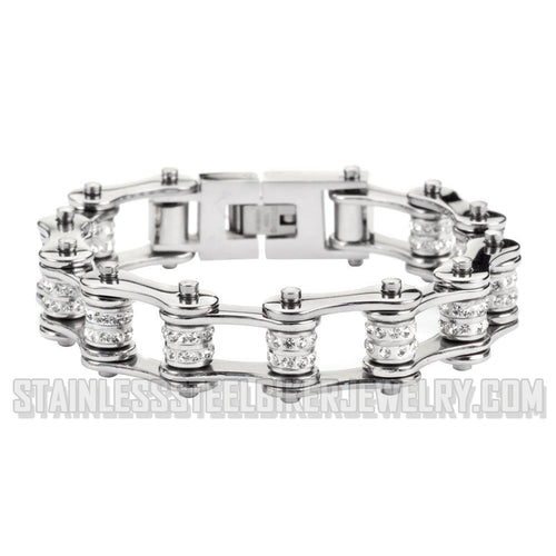 Heavy Metal Jewelry Ladies Motorcycle Bike Chain Stainless Steel Bracelet Double Row of Crystals