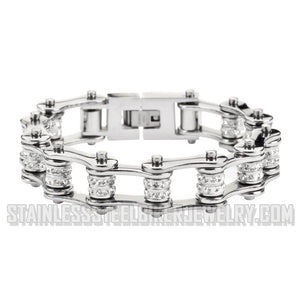 Heavy Metal Jewelry Ladies Motorcycle Bike Chain Stainless Steel Bracelet Double Row of Crystals