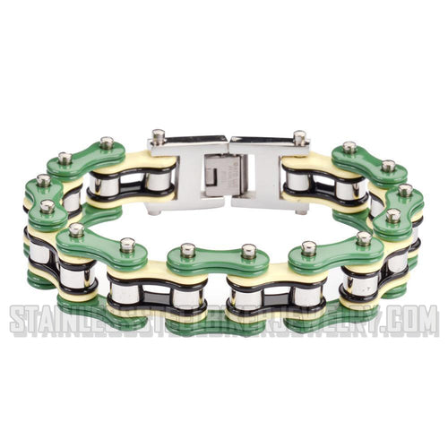 Heavy Metal Jewelry Men's Motorcycle Bike Chain Bracelet Stainless Steel Green/Cream/Black Double Link