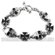 Heavy Metal Jewelry Men's Skull and Maltese Cross Biker Bracelet Stainless Steel