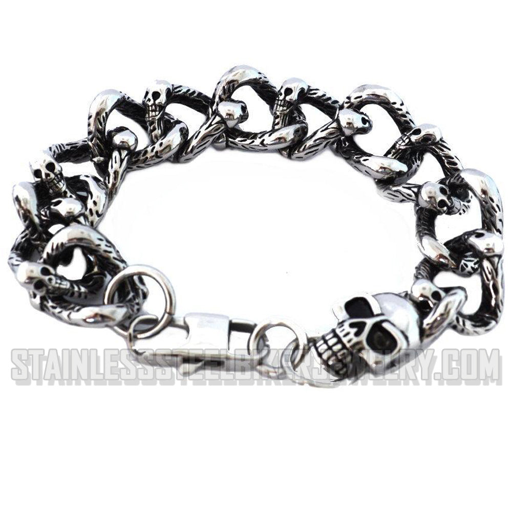 Heavy Metal Jewelry Men's Skull Chain Link Biker Bracelet Stainless Steel