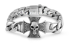Load image into Gallery viewer, Stainless Steel Skull with Iron Cross Biker Bracelet Curb Link