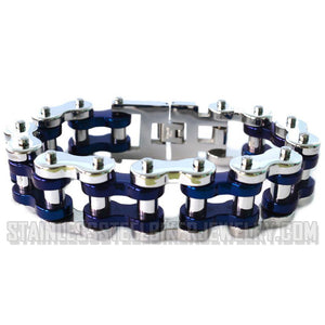 Heavy Metal Jewelry Silver Tone/ Blue 1 inch Wide Unisex Bike Chain Bracelet Stainless Steel