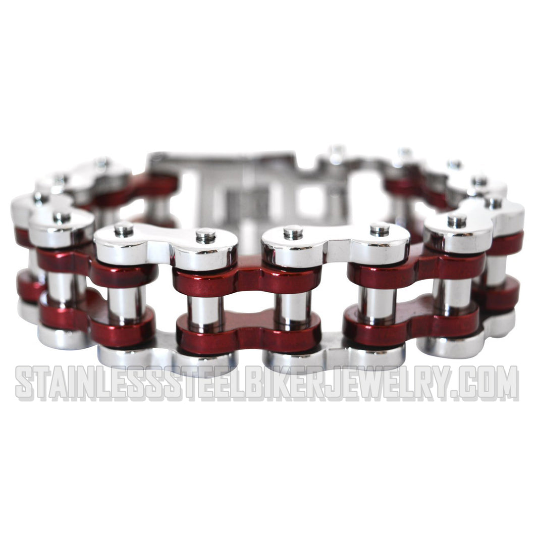 Heavy Metal Jewelry Men's Motorcycle Bike Chain Bracelet  Silver/Red  Stainless Steel