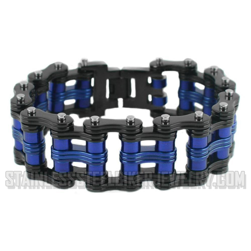 Heavy Metal Jewelry Men's Primary Motorcycle Bike Chain Bracelet  Black/Blue Stainless Steel  Police Edition