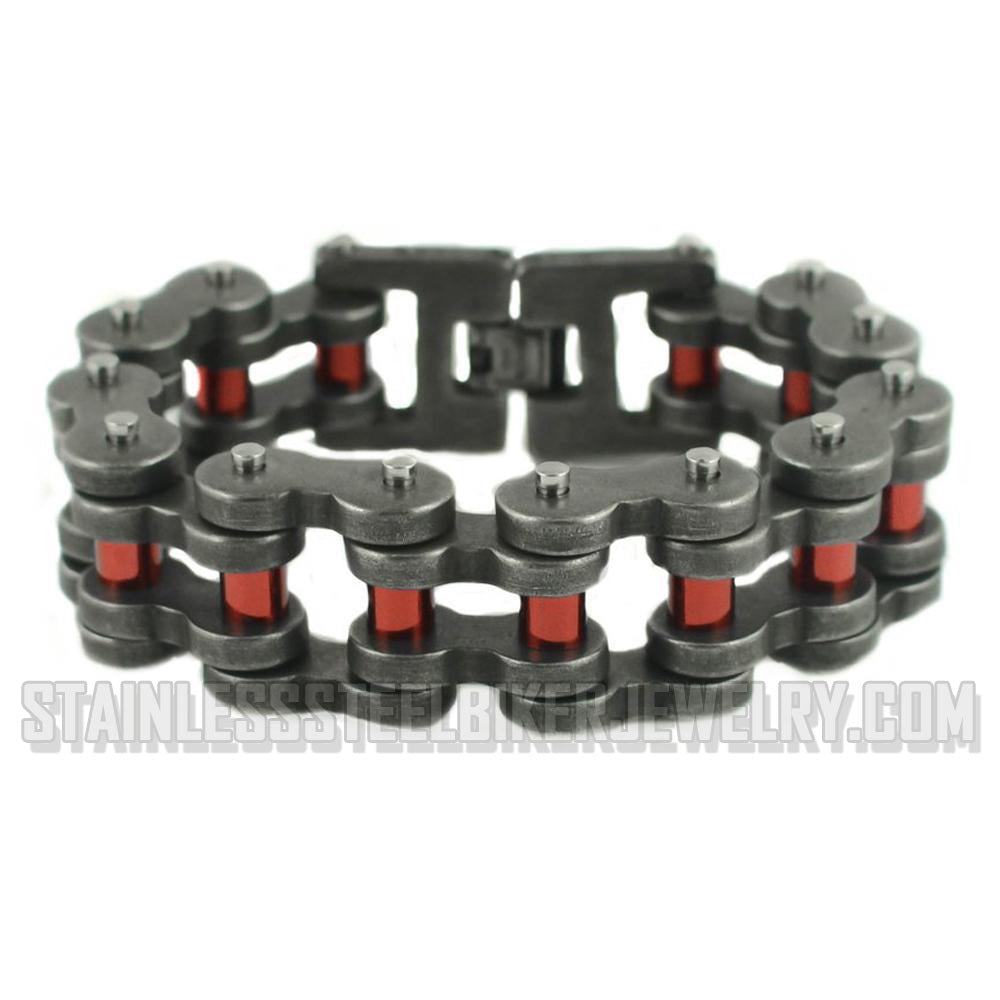 Heavy Metal Jewelry Men's Motorcycle Bike Chain Bracelet  Distressed Antique Finish  Candy Red Rollers  Stainless Steel