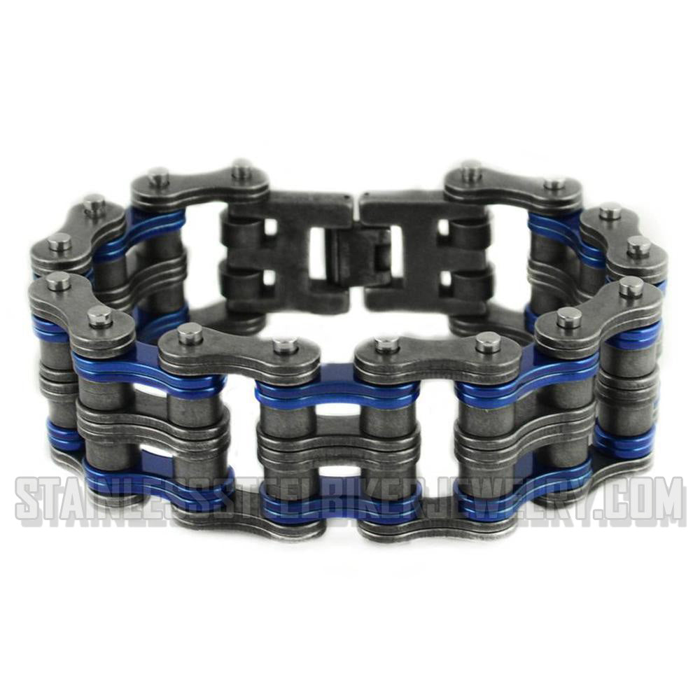Heavy Metal Jewelry Men's Primary Motorcycle Bike Chain Bracelet Distressed Antique Finish  Candy Blue Links  Stainless Steel  Police Edition