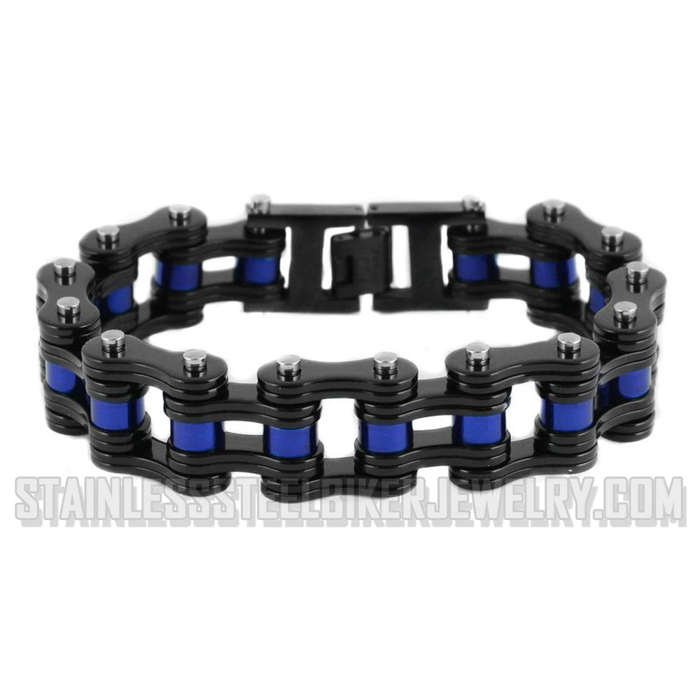Heavy Metal Jewelry Men's Motorcycle Bike Chain Biker Bracelet Stainless Steel Black Double Link Electric Blue Rollers