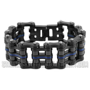 Heavy Metal Jewelry Men's Primary Motorcycle Bike Chain Bracelet  Black/Blue Line Stainless Steel  Police Edition