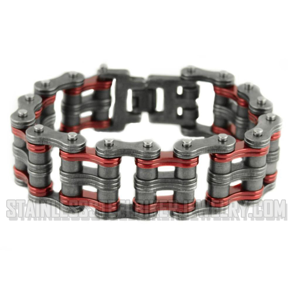 Heavy Metal Jewelry Men's Primary Motorcycle Bike Chain Bracelet Distressed Finish Vintage Red Stainless Steel