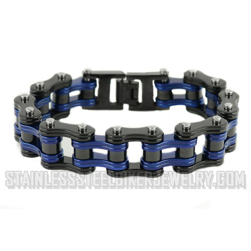 Heavy Metal Jewelry Men's Motorcycle Bike Chain Biker Bracelet Stainless Steel Black & Antique Blue Double Link Police Edition