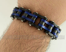 Load image into Gallery viewer, Heavy Metal Jewelry Men&#39;s Motorcycle Bike Chain Biker Bracelet Stainless Steel Black &amp; Antique Blue Double Link Police Edition