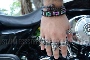 Heavy Metal Jewelry Men's Motorcycle Bike Chain Biker Bracelet Stainless Steel Black & Iridescent Double Link