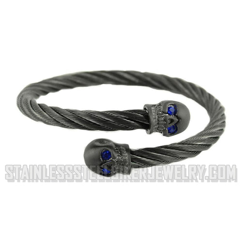 Heavy Metal Jewelry Unisex Gunmetal Cable Skull Biker Bracelet Stainless-Steel Blue or Red Eyes