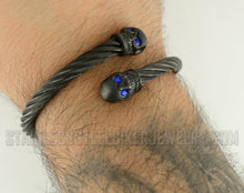 Load image into Gallery viewer, Heavy Metal Jewelry Unisex Gunmetal Cable Skull Biker Bracelet Stainless-Steel Blue or Red Eyes