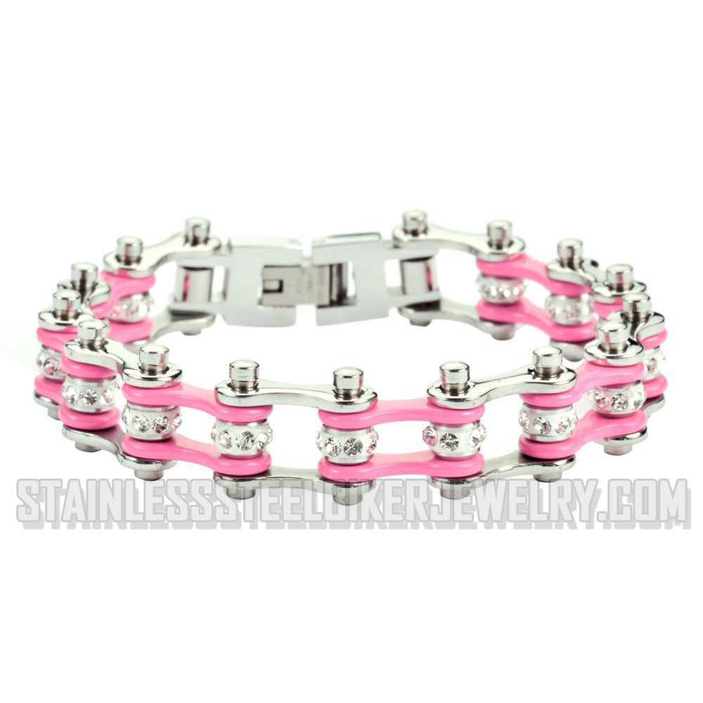 Heavy Metal Jewelry Ladies Motorcycle Bike Chain Stainless Steel Bracelet Silver/Hot Pink