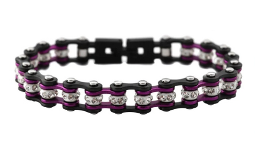 Heavy Metal Jewelry Ladies Motorcycle Mini Bike Chain Bracelet Stainless Steel Gunmetal/Purple SB193