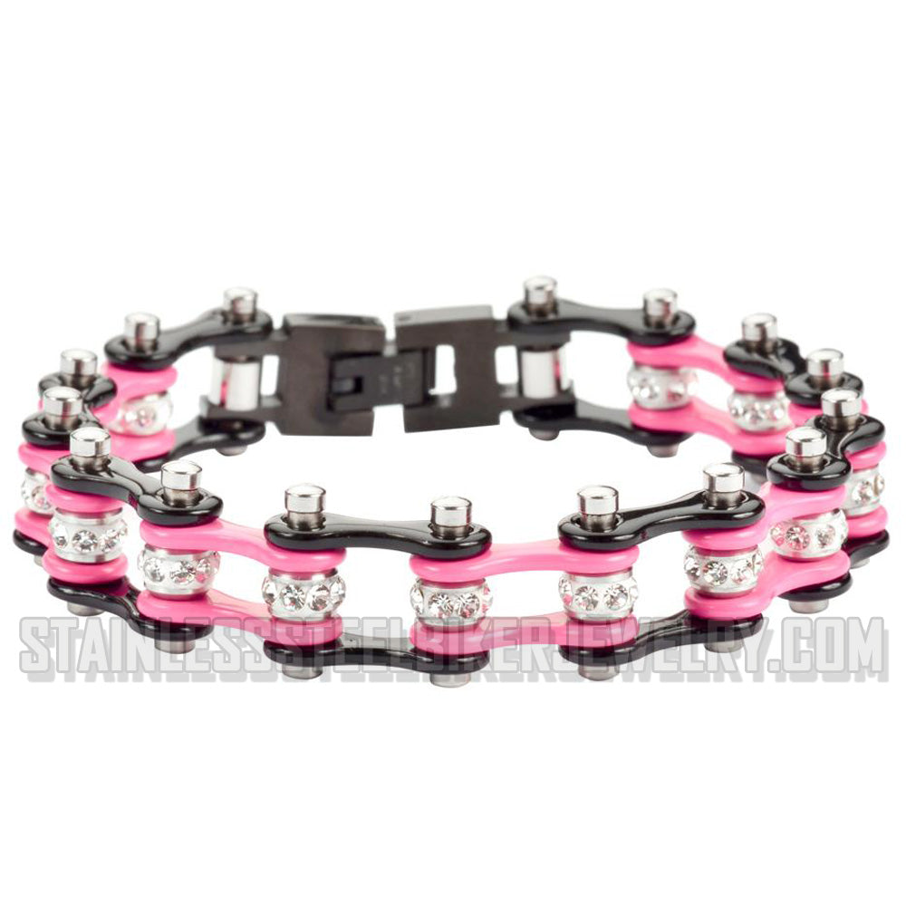 Heavy Metal Jewelry Women's, 1/2 inch Wide Two Tone Black Pink With White Crystal Centers Stainless Steel Motorcycle Bike Chain Bracelet