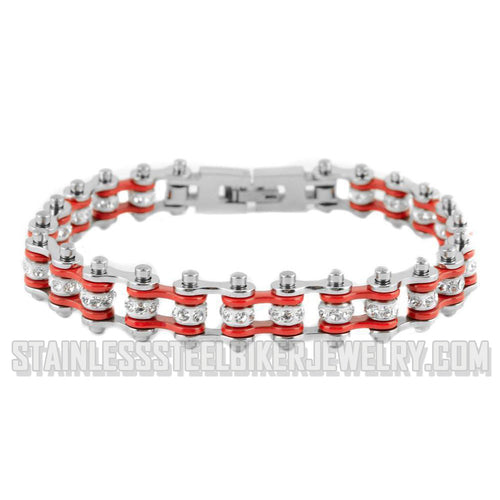 Heavy Metal Jewelry Ladies Motorcycle Bike Chain Tennis Bracelet Stainless Steel Silver / Red