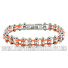 Load image into Gallery viewer, Heavy Metal Jewelry Ladies Motorcycle Mini Bike Chain Bracelet Stainless Steel Silver &amp; Orange