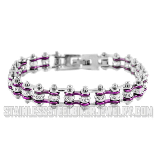 Heavy Metal Jewelry Ladies Motorcycle Mini Bike Chain Bracelet Stainless Steel Silver/Candy Purple