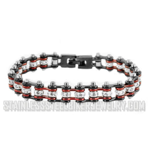 Heavy Metal Jewelry Ladies Motorcycle Mini-Bike Chain Bracelet Stainless Steel Black/Electric Red