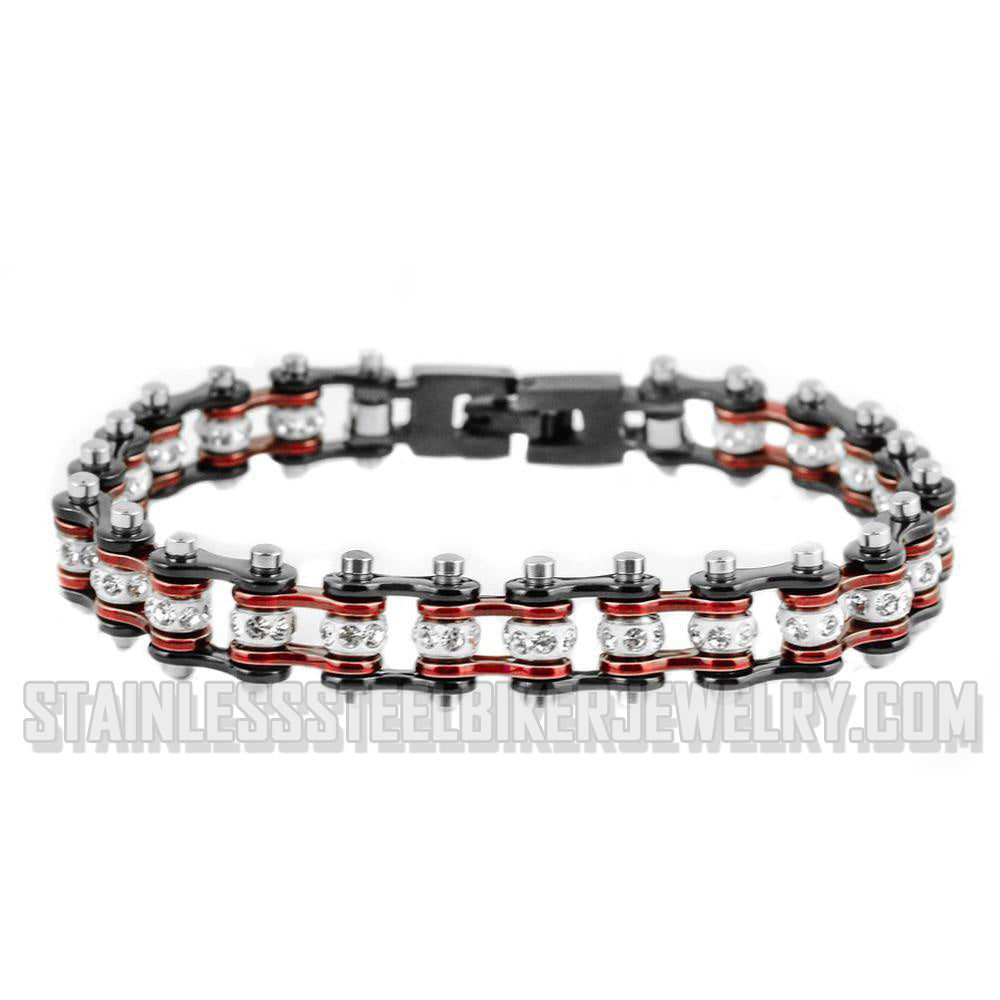 Heavy Metal Jewelry Ladies Motorcycle Mini-Bike Chain Bracelet Stainless Steel Black/Electric Red