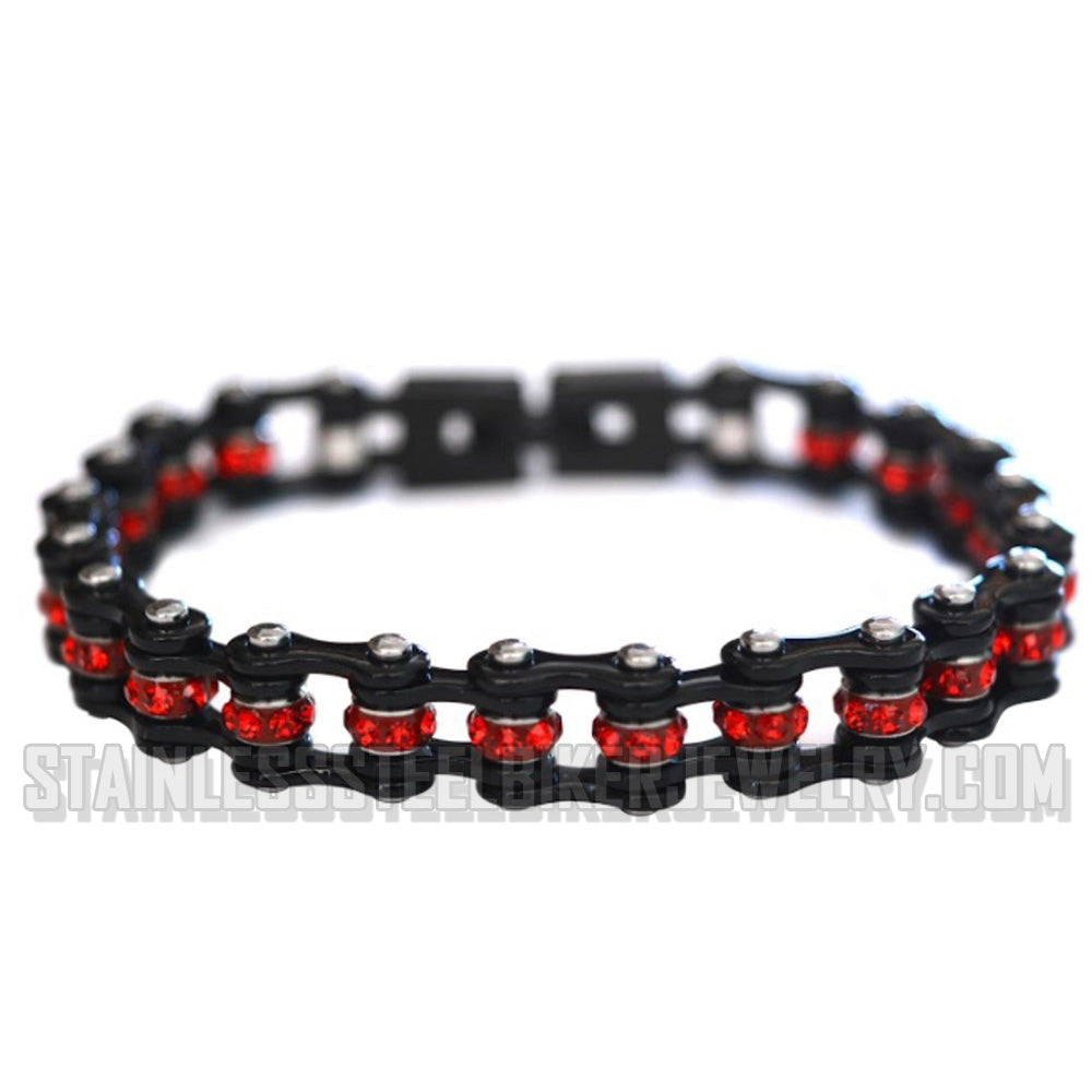 Heavy Metal Jewelry Mini Ladies Black with Red Crystal Stainless Steel Motorcycle Bike Chain Bracelet