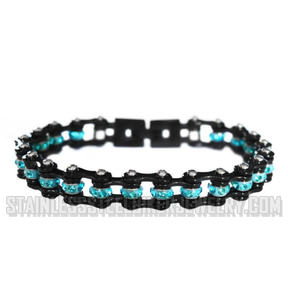 Heavy Metal Jewelry Ladies Black with Aqua Crystal Centers Stainless Steel Motorcycle Bike Chain Tennis Bracelet
