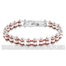 Load image into Gallery viewer, Heavy Metal Jewelry Ladies Motorcycle Mini Bike Chain Bracelet Stainless Steel Silver &amp; Electric Red