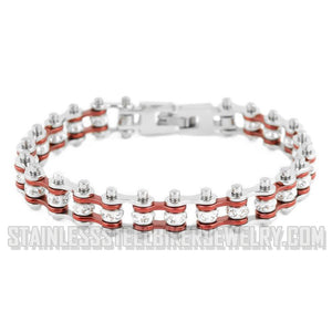 Heavy Metal Jewelry Ladies Motorcycle Mini Bike Chain Bracelet Stainless Steel Silver & Electric Red
