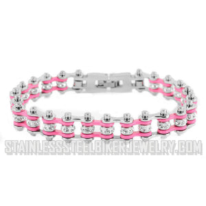Heavy Metal Jewelry Ladies Motorcycle Mini Bike Chain Bracelet Stainless Steel Silver & Pink