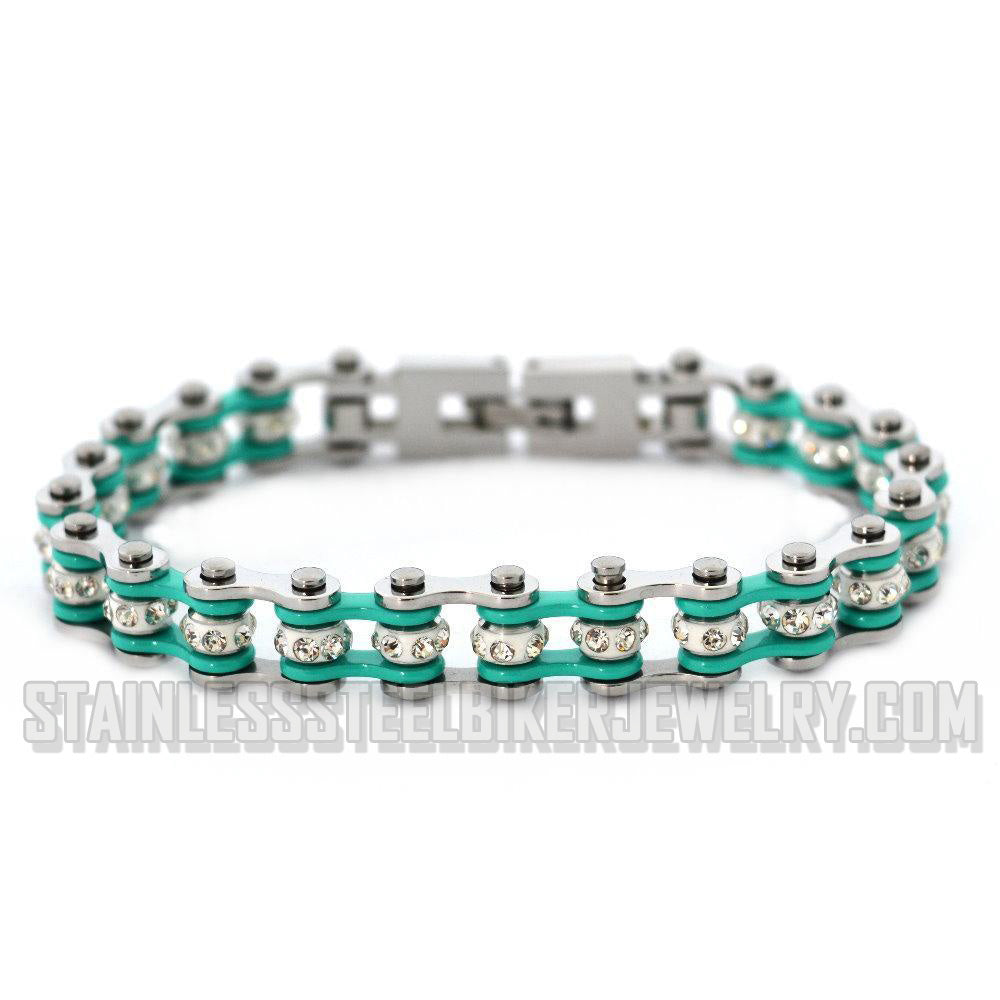 Heavy Metal Jewelry Ladies Motorcycle Mini Bike Chain Bracelet Stainless Steel Silver/Aquamarine